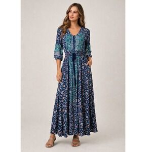 Jaase Ziah Indiana Boho Floral Maxi‎ Dress Small Empire Waist Tassel Tie